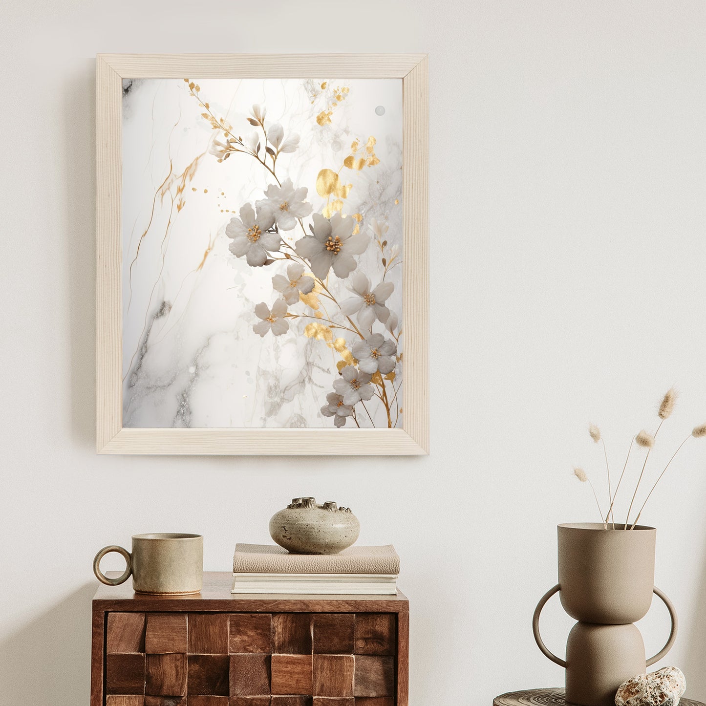 Poster Weiße Und Goldene Blumen Auf Marmor