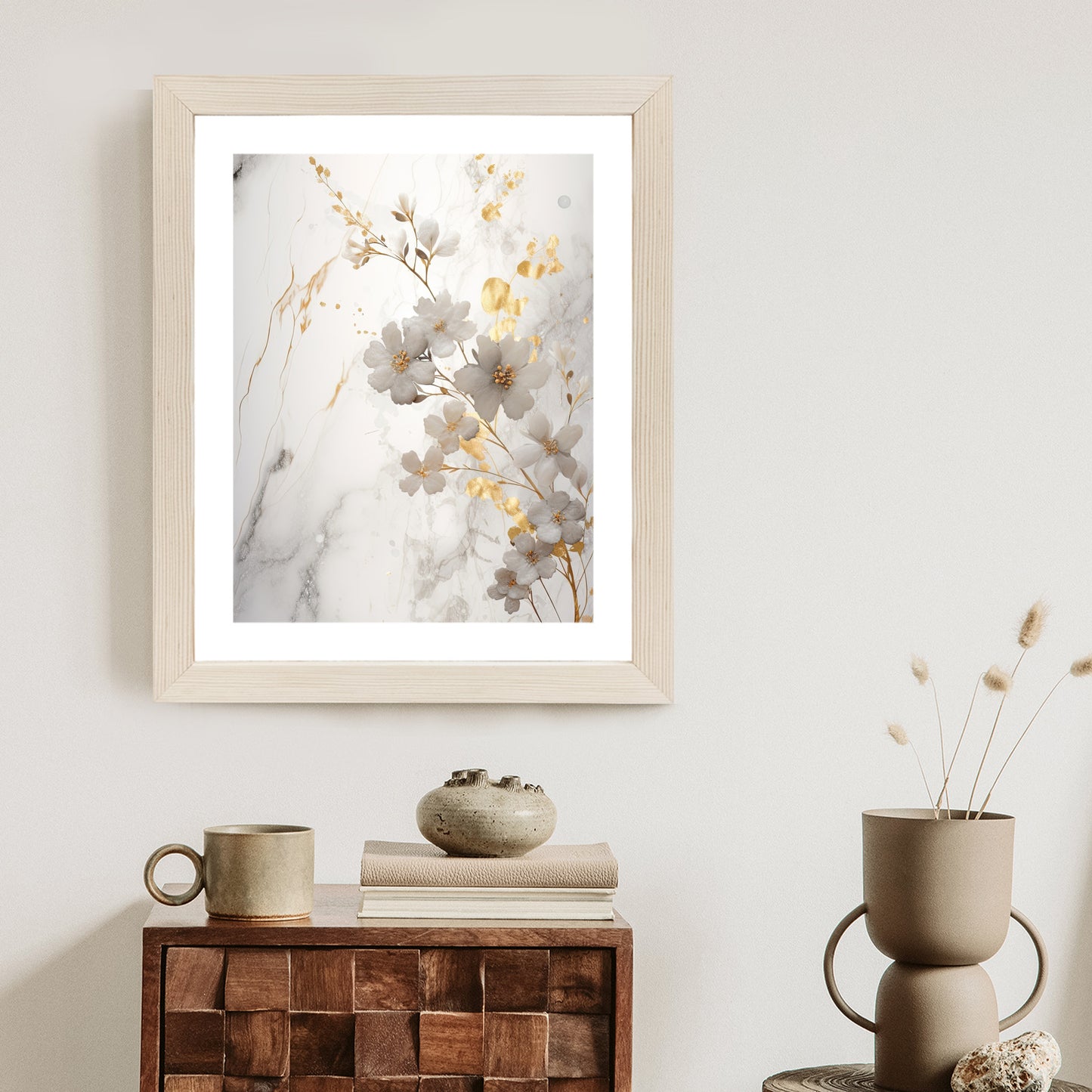Poster Weiße Und Goldene Blumen Auf Marmor