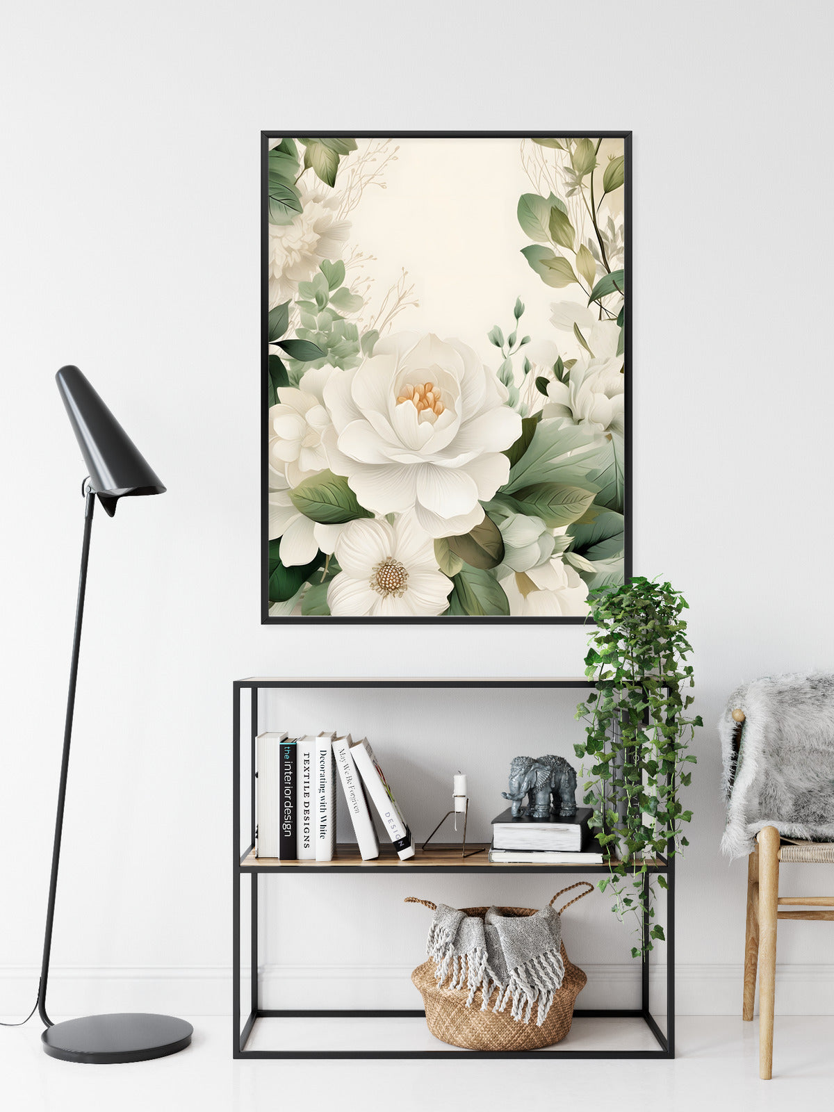 Poster Weiße Blüten Mit Grünen Blättern Rahmen Hölzern Farbe Weiß