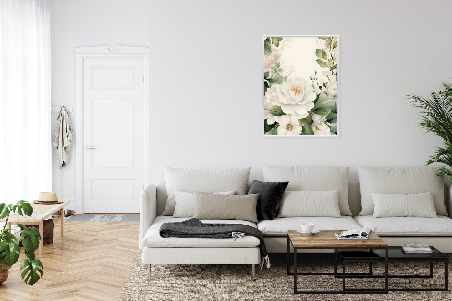 Poster Weiße Blüten Mit Grünen Blättern Rahmen Hölzern Farbe Weiß