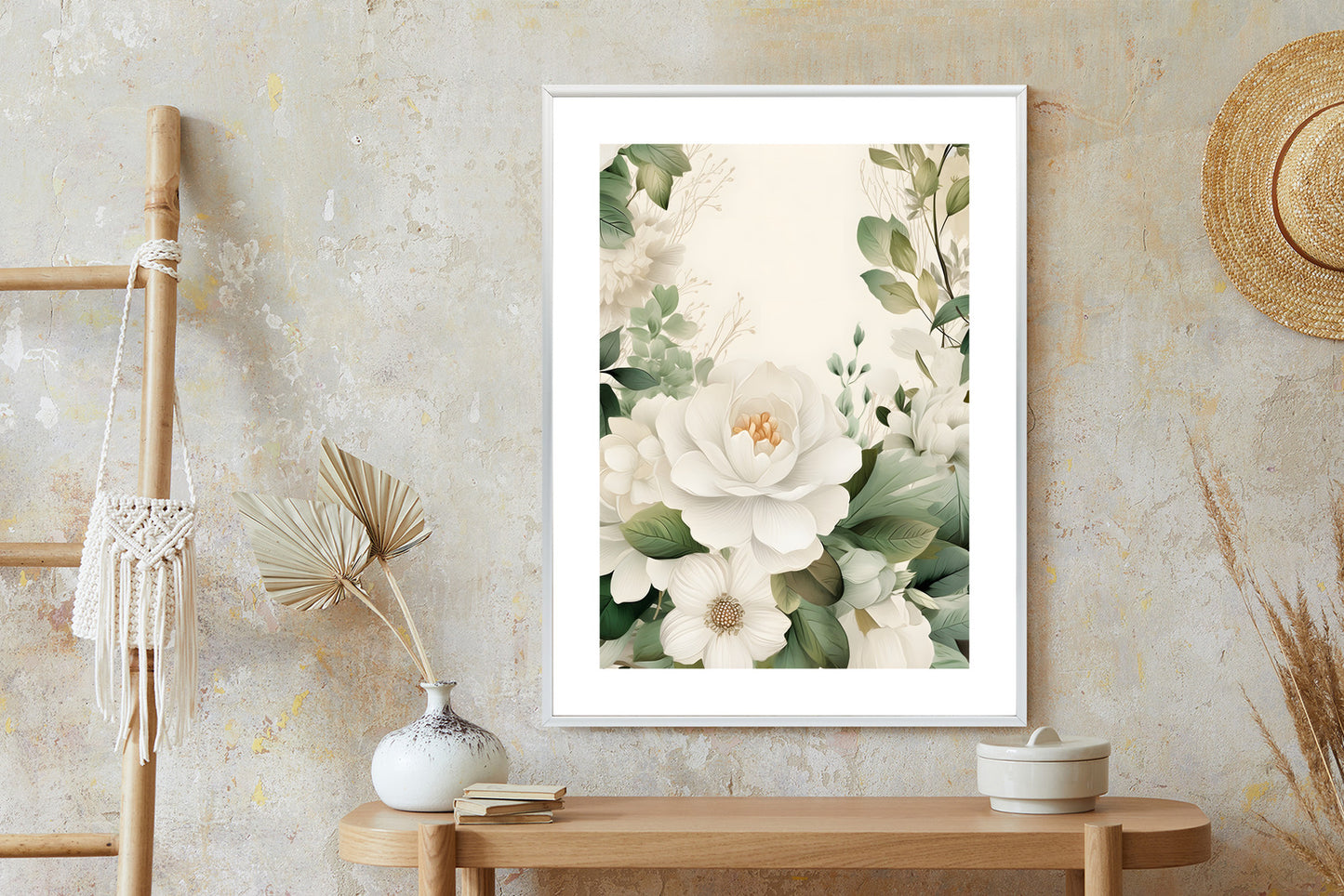 Poster Weiße Blüten Mit Grünen Blättern Rahmen Hölzern Farbe Weiß