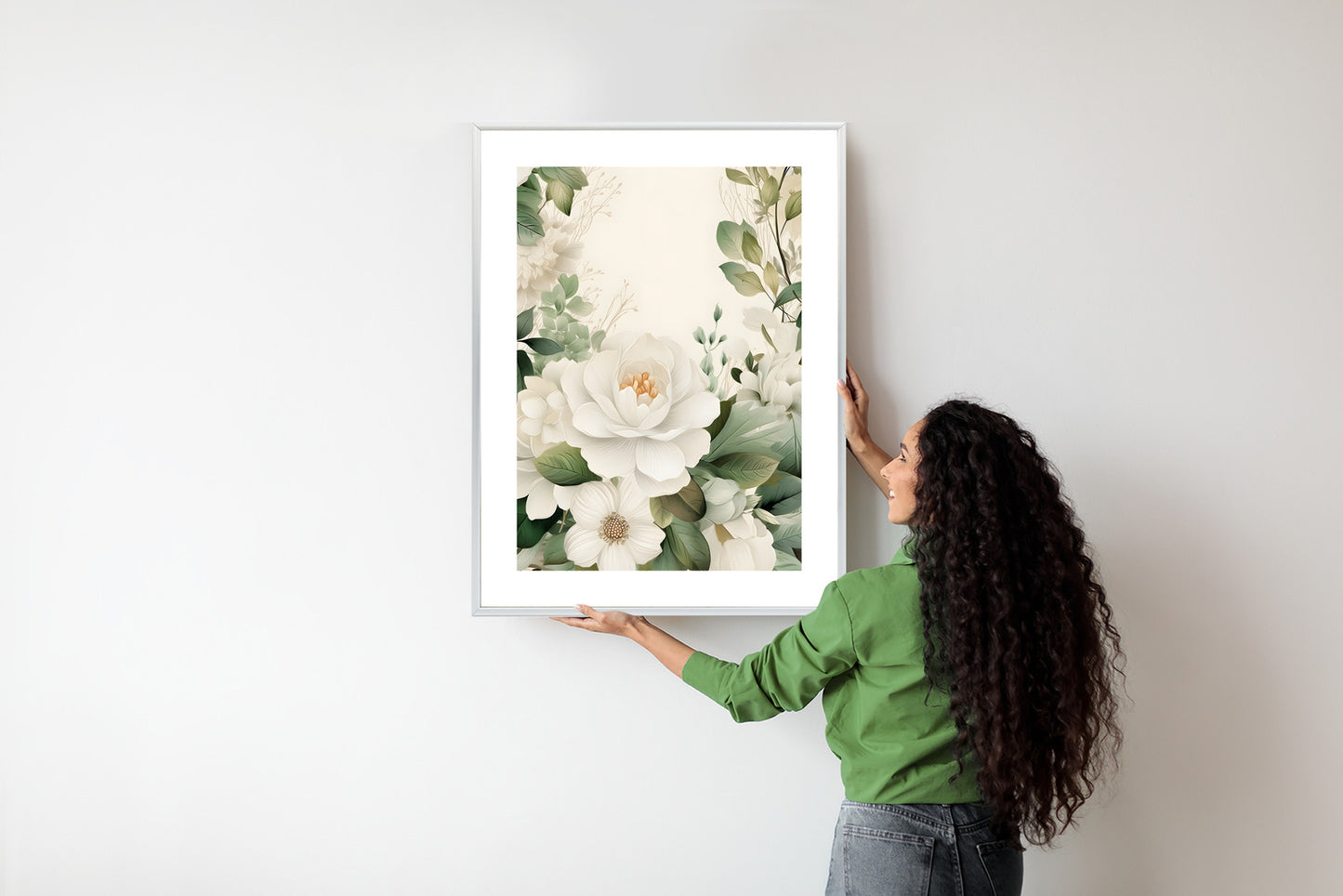 Poster Weiße Blüten Mit Grünen Blättern Rahmen Hölzern Farbe Weiß
