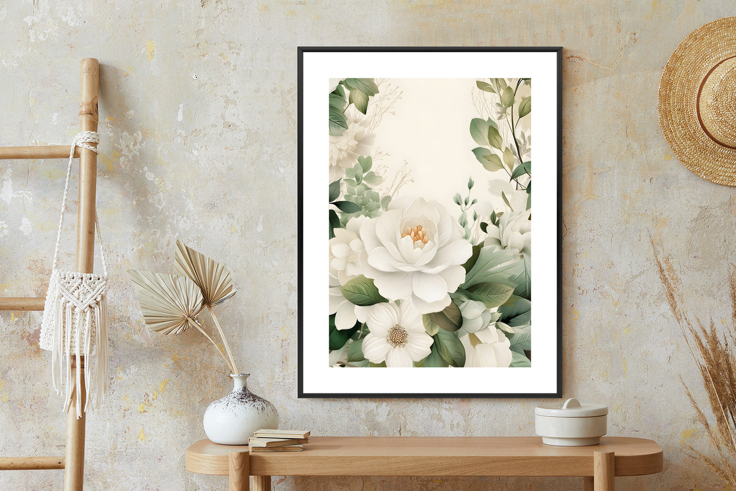 Poster Weiße Blüten Mit Grünen Blättern Rahmen Hölzern Farbe Weiß