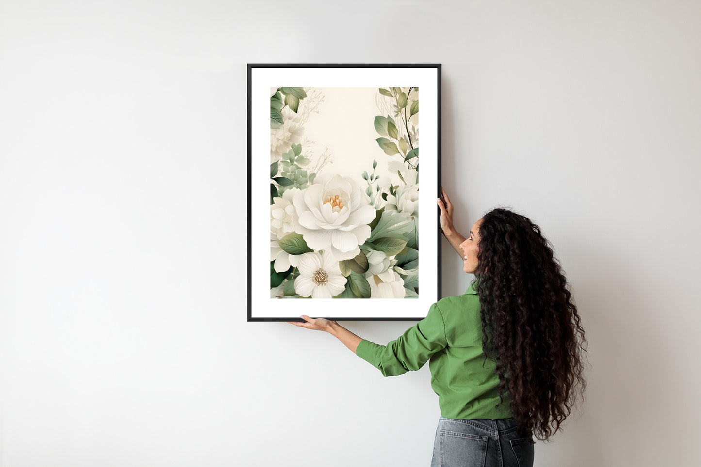 Poster Weiße Blüten Mit Grünen Blättern Rahmen Hölzern Farbe Weiß