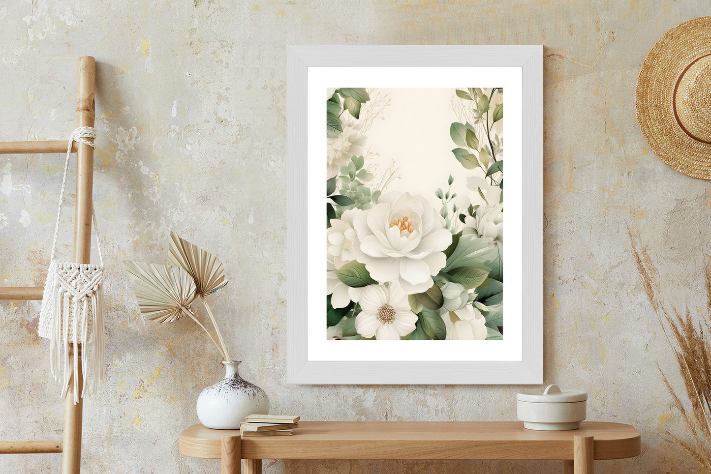 Poster Weiße Blüten Mit Grünen Blättern Rahmen Hölzern Farbe Weiß