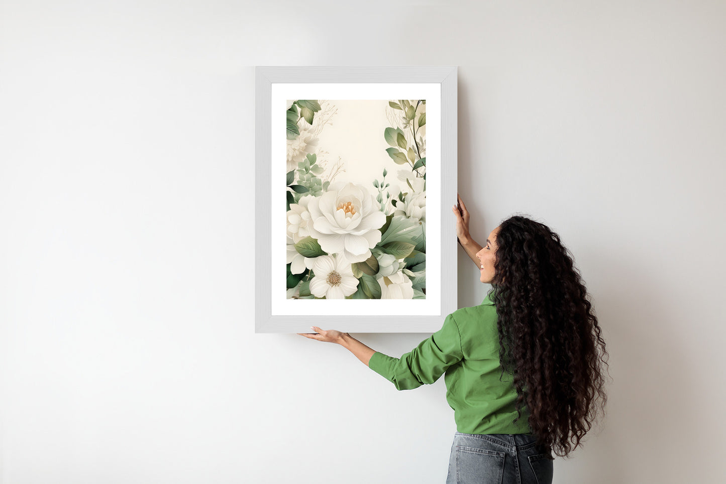 Poster Weiße Blüten Mit Grünen Blättern Rahmen Hölzern Farbe Weiß
