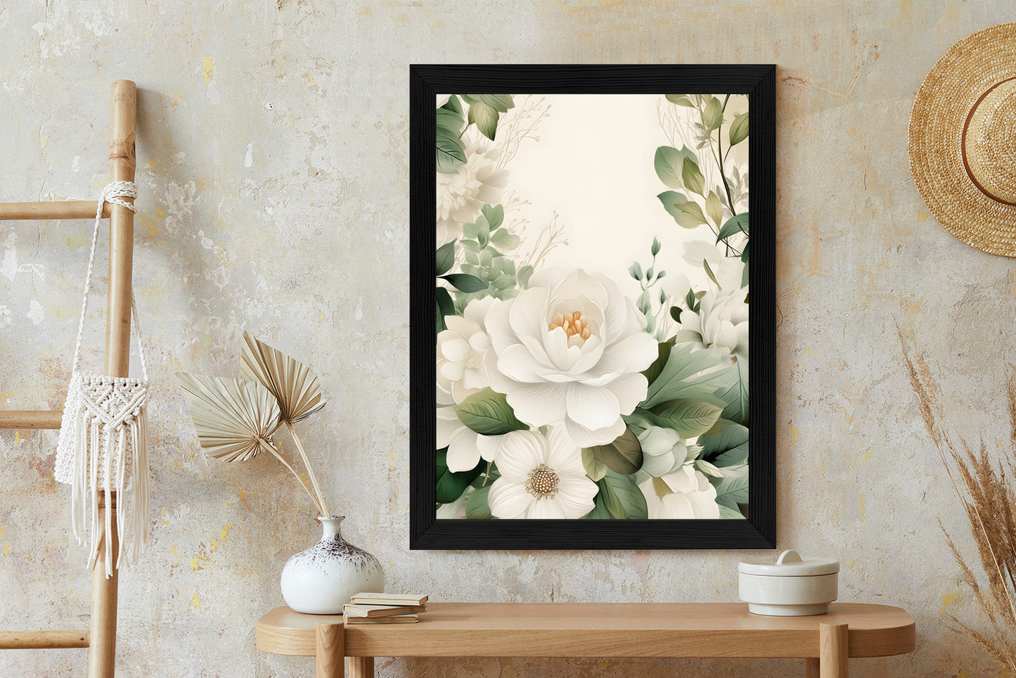 Poster Weiße Blüten Mit Grünen Blättern Rahmen Hölzern Farbe Weiß