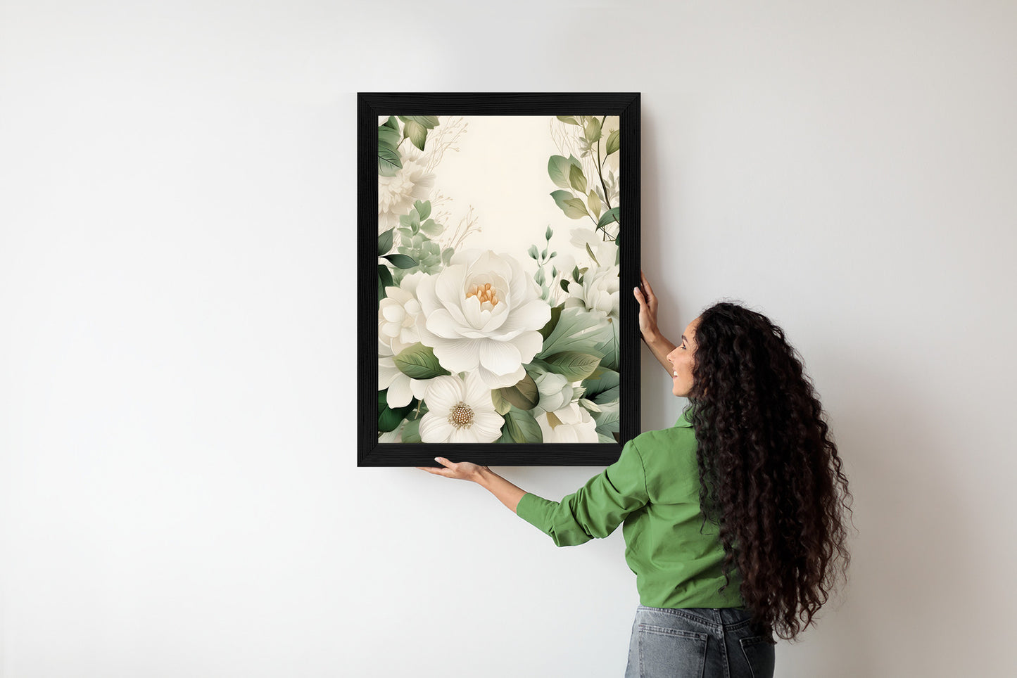 Poster Weiße Blüten Mit Grünen Blättern Rahmen Hölzern Farbe Weiß