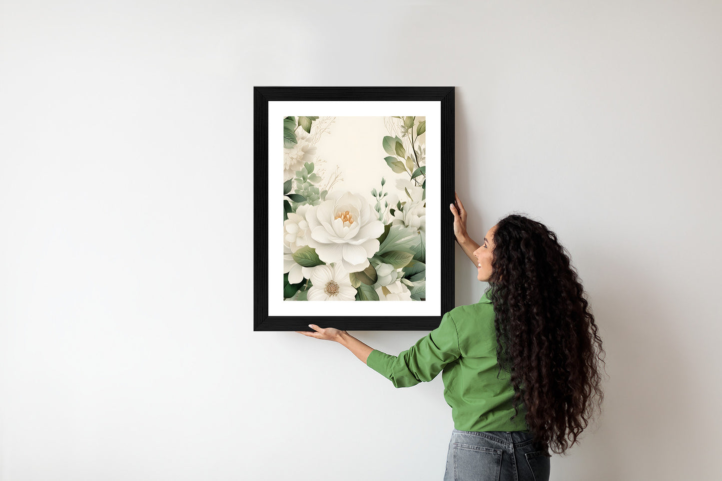 Poster Weiße Blüten Mit Grünen Blättern Rahmen Hölzern Farbe Weiß