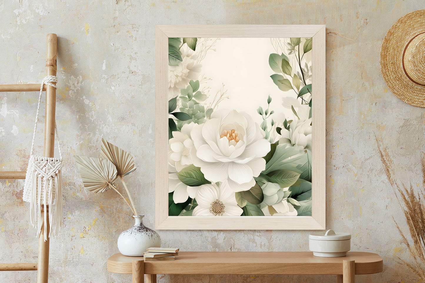 Poster Weiße Blüten Mit Grünen Blättern Rahmen Hölzern Farbe Weiß