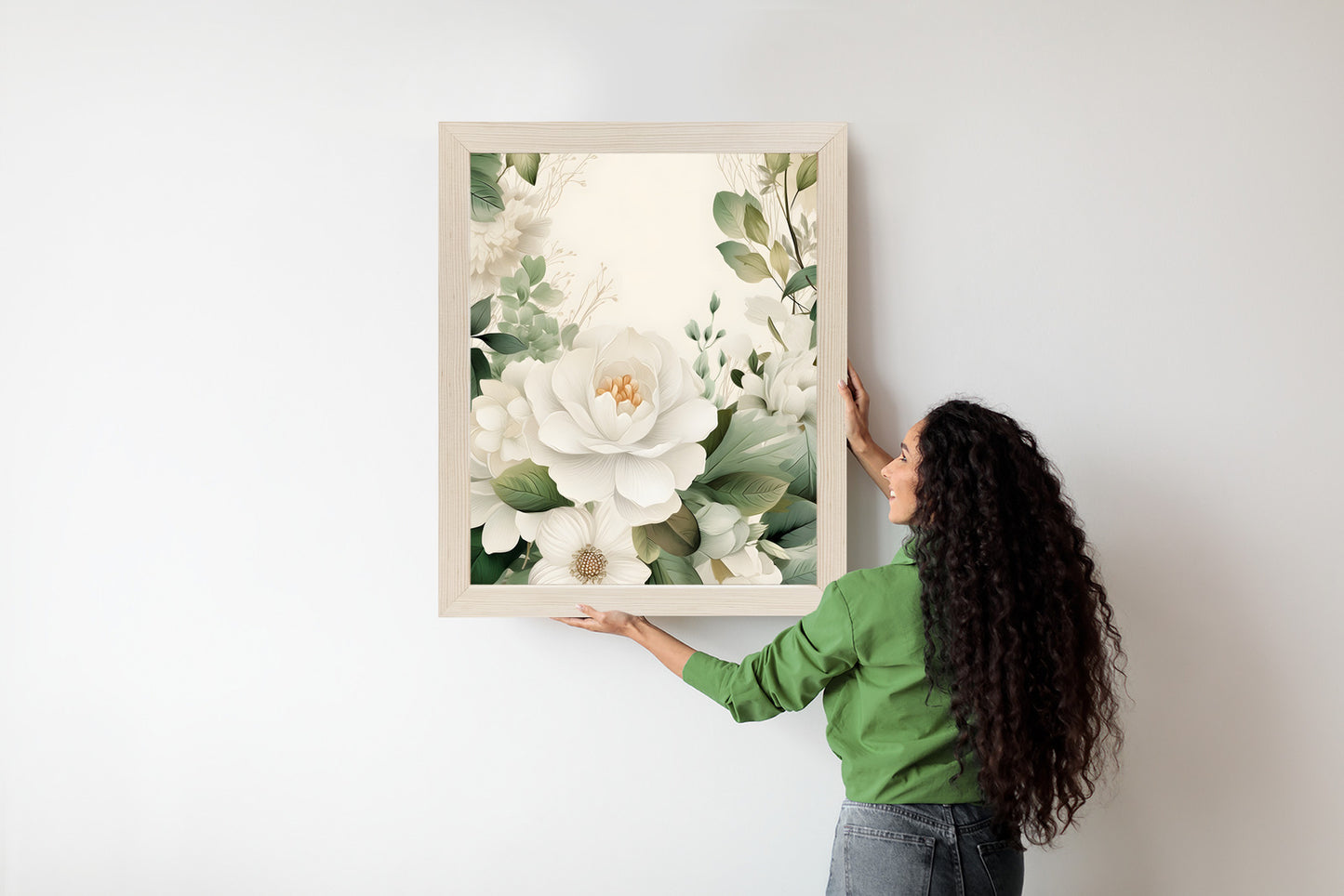 Poster Weiße Blüten Mit Grünen Blättern Rahmen Hölzern Farbe Weiß