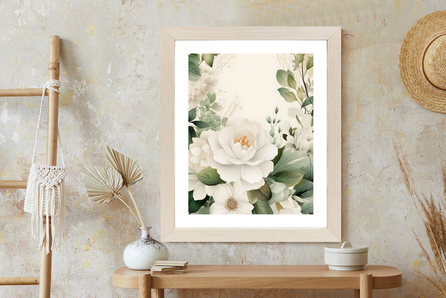 Poster Weiße Blüten Mit Grünen Blättern Rahmen Hölzern Farbe Weiß