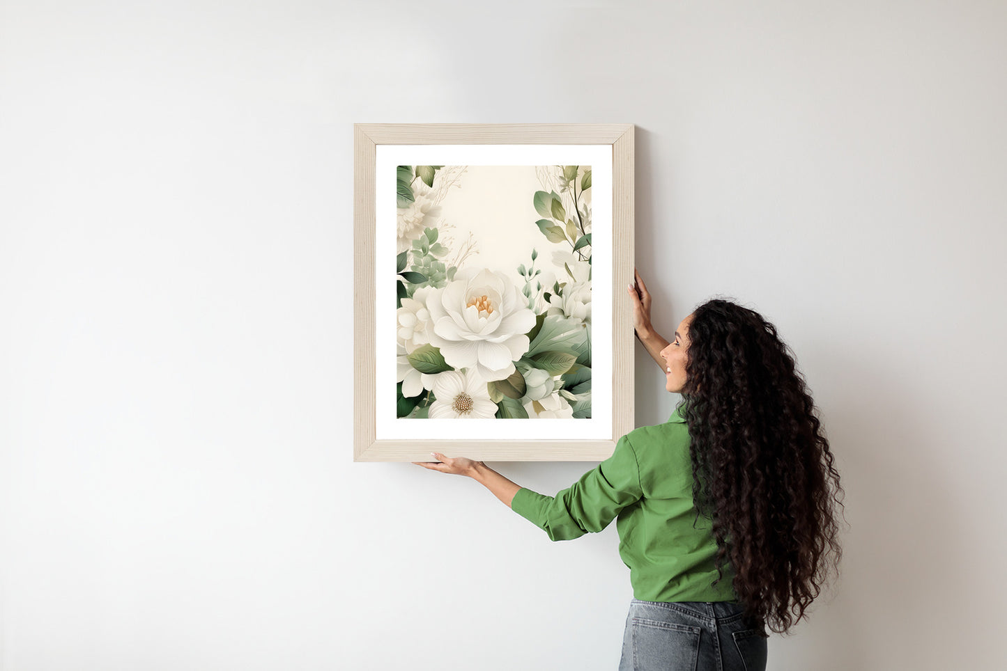 Poster Weiße Blüten Mit Grünen Blättern Rahmen Hölzern Farbe Weiß