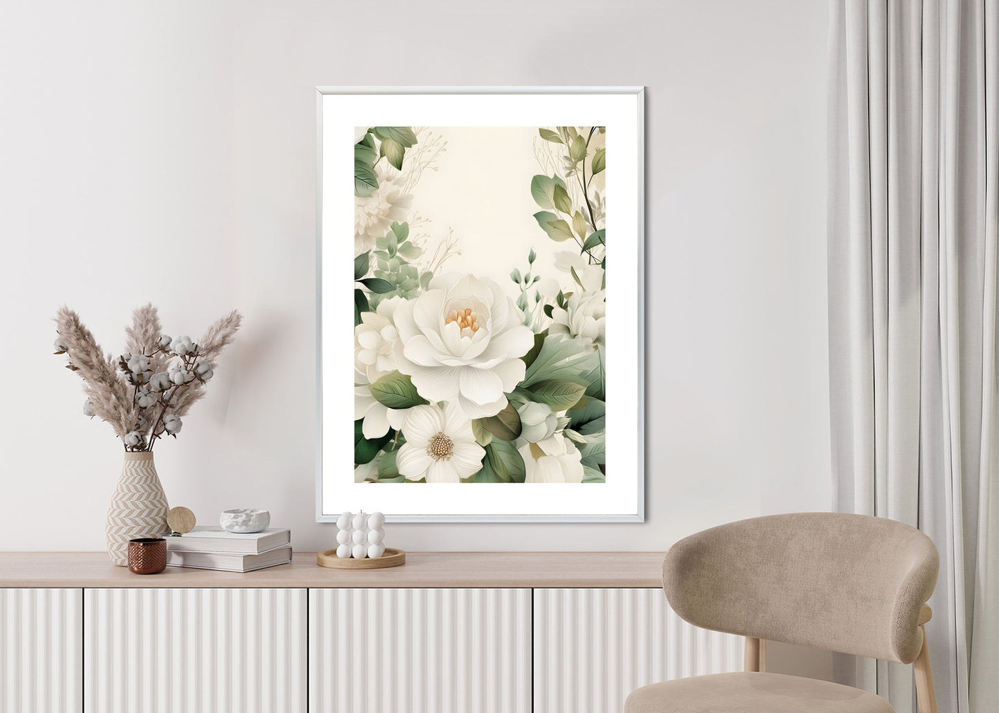 Poster Weiße Blüten Mit Grünen Blättern Rahmen Hölzern Farbe Weiß