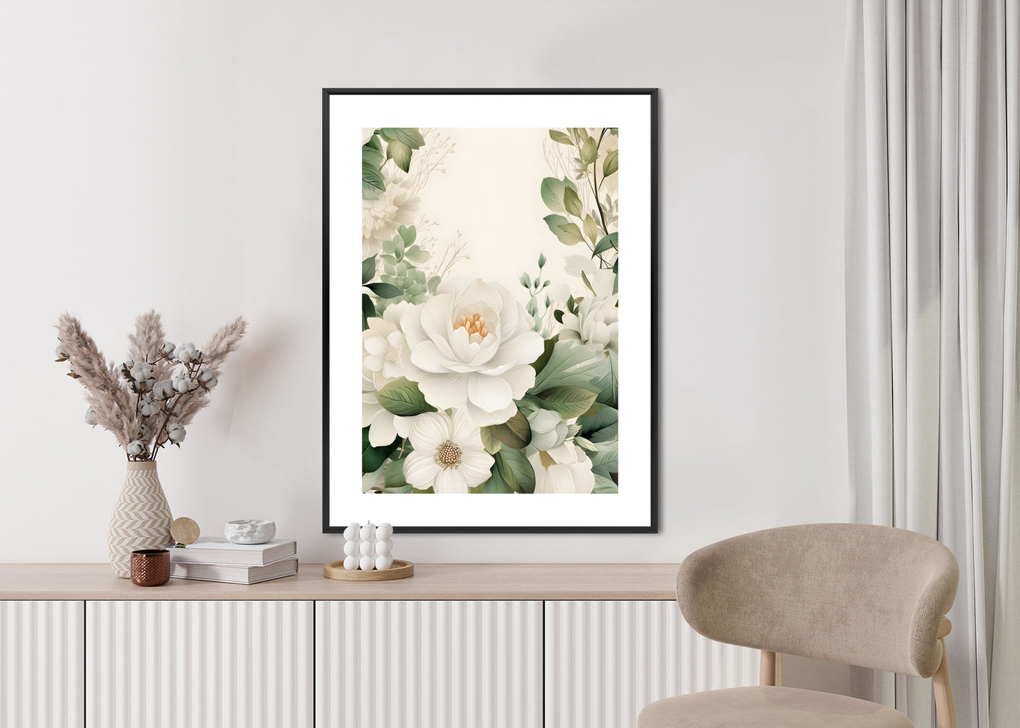 Poster Weiße Blüten Mit Grünen Blättern Rahmen Hölzern Farbe Weiß
