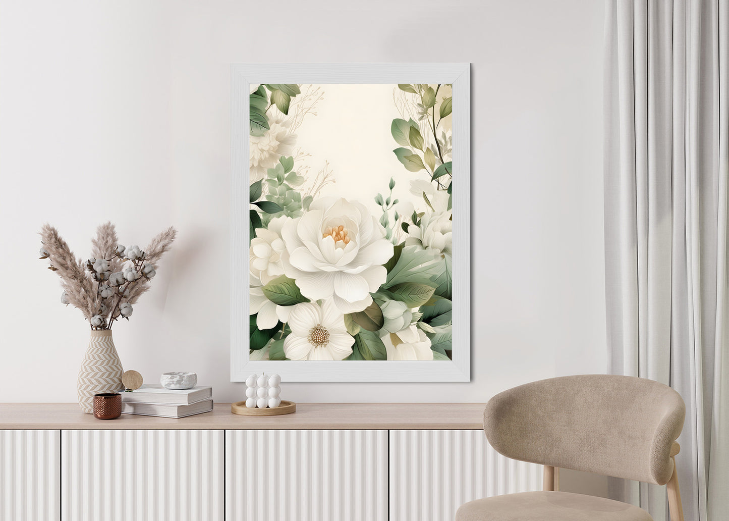 Poster Weiße Blüten Mit Grünen Blättern Rahmen Hölzern Farbe Weiß