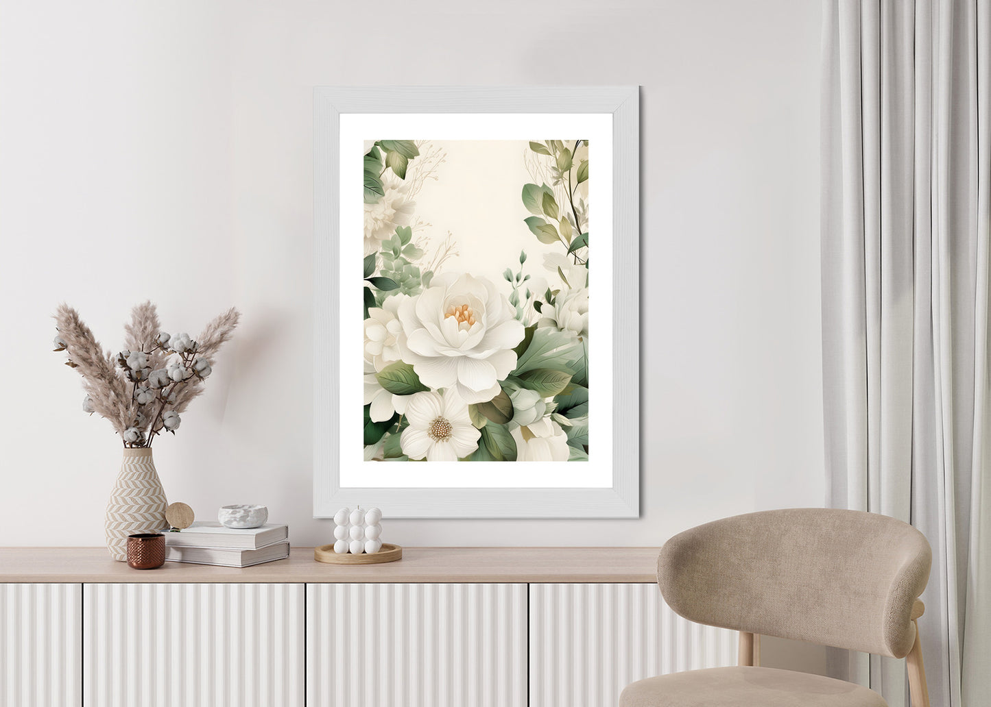Poster Weiße Blüten Mit Grünen Blättern Rahmen Hölzern Farbe Weiß