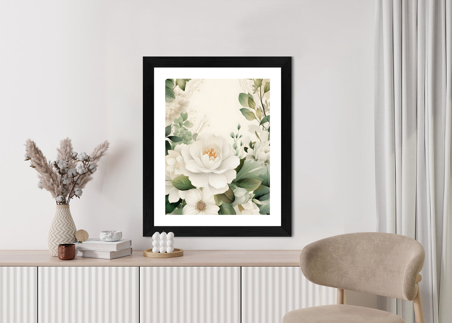 Poster Weiße Blüten Mit Grünen Blättern Rahmen Hölzern Farbe Weiß