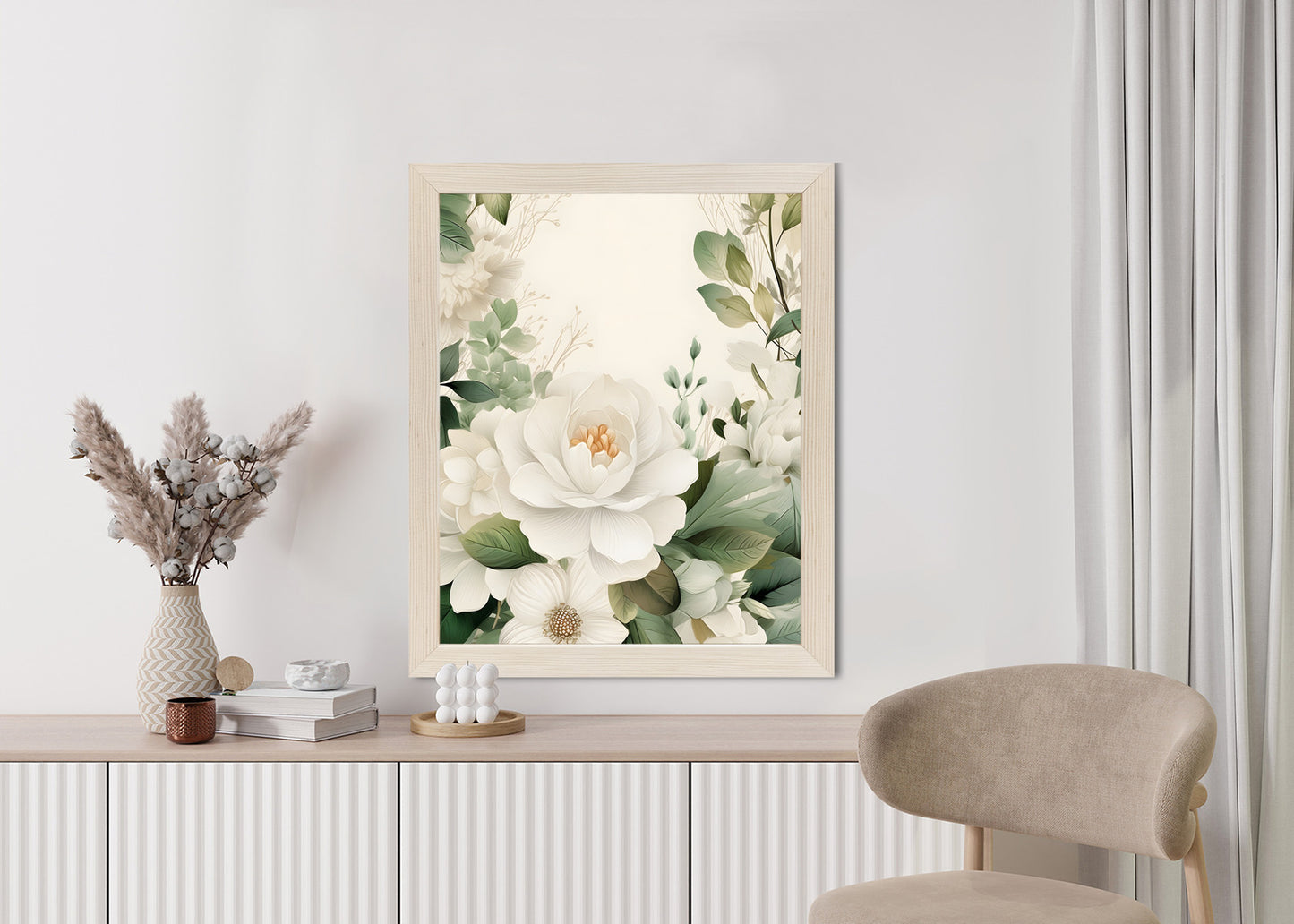 Poster Weiße Blüten Mit Grünen Blättern Rahmen Hölzern Farbe Weiß