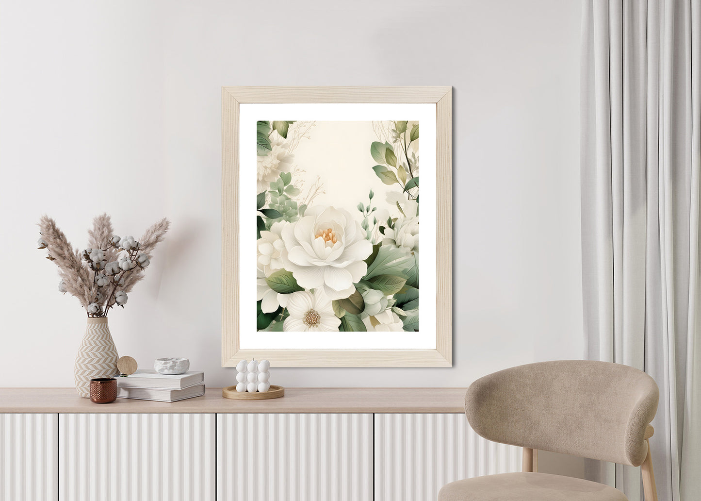 Poster Weiße Blüten Mit Grünen Blättern Rahmen Hölzern Farbe Weiß