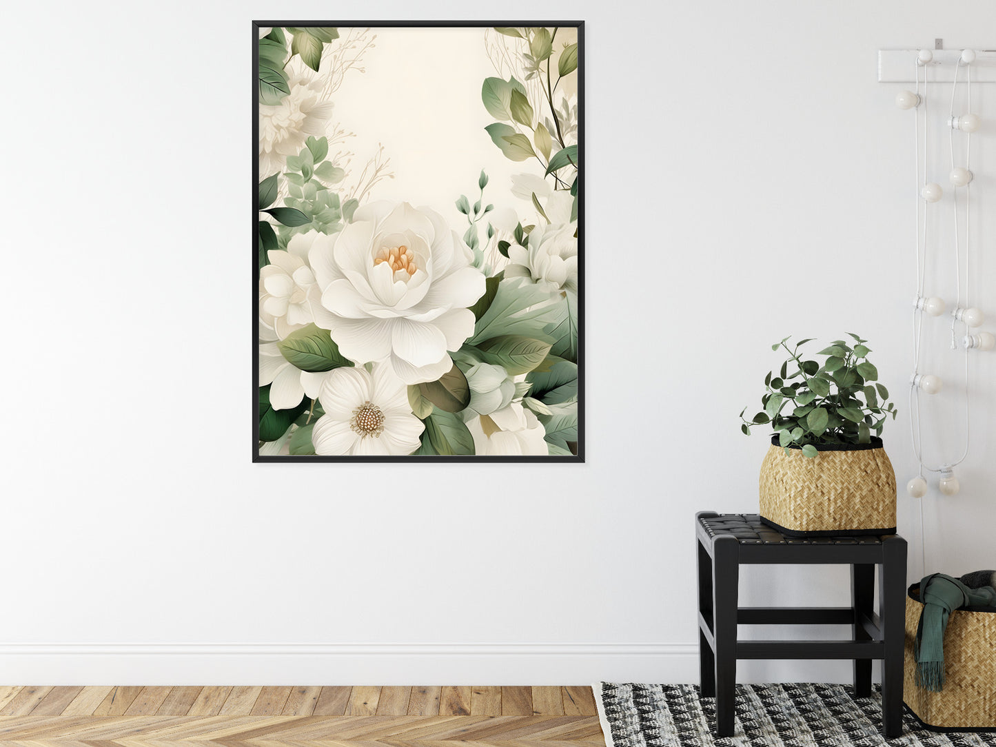 Poster Weiße Blüten Mit Grünen Blättern Rahmen Hölzern Farbe Weiß