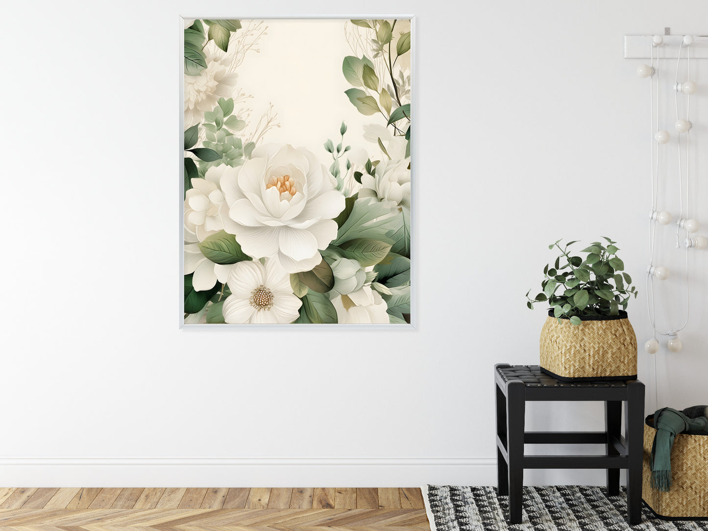 Poster Weiße Blüten Mit Grünen Blättern Rahmen Hölzern Farbe Weiß