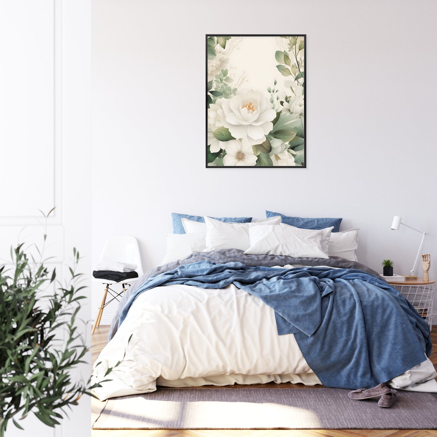 Poster Weiße Blüten Mit Grünen Blättern Rahmen Hölzern Farbe Weiß