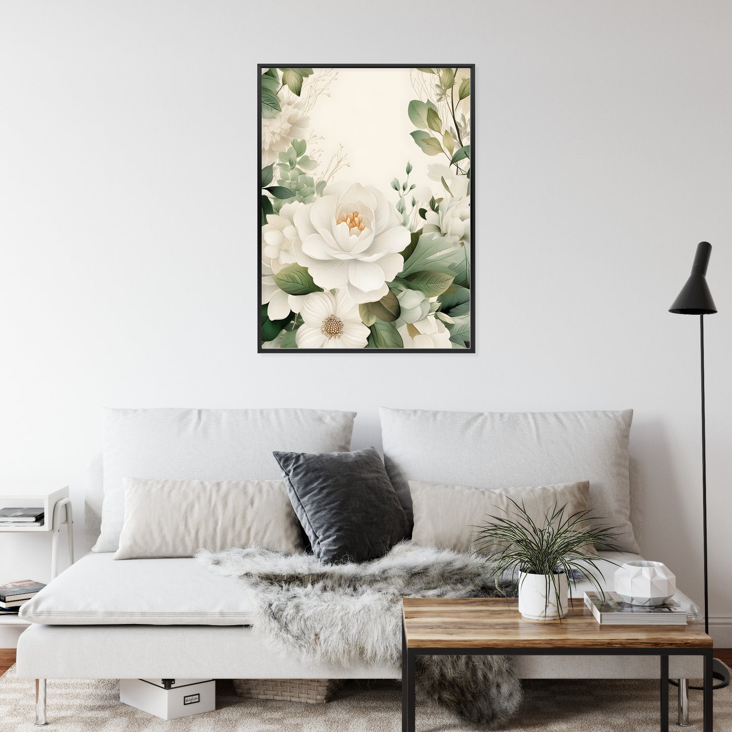 Poster Weiße Blüten Mit Grünen Blättern Rahmen Hölzern Farbe Weiß