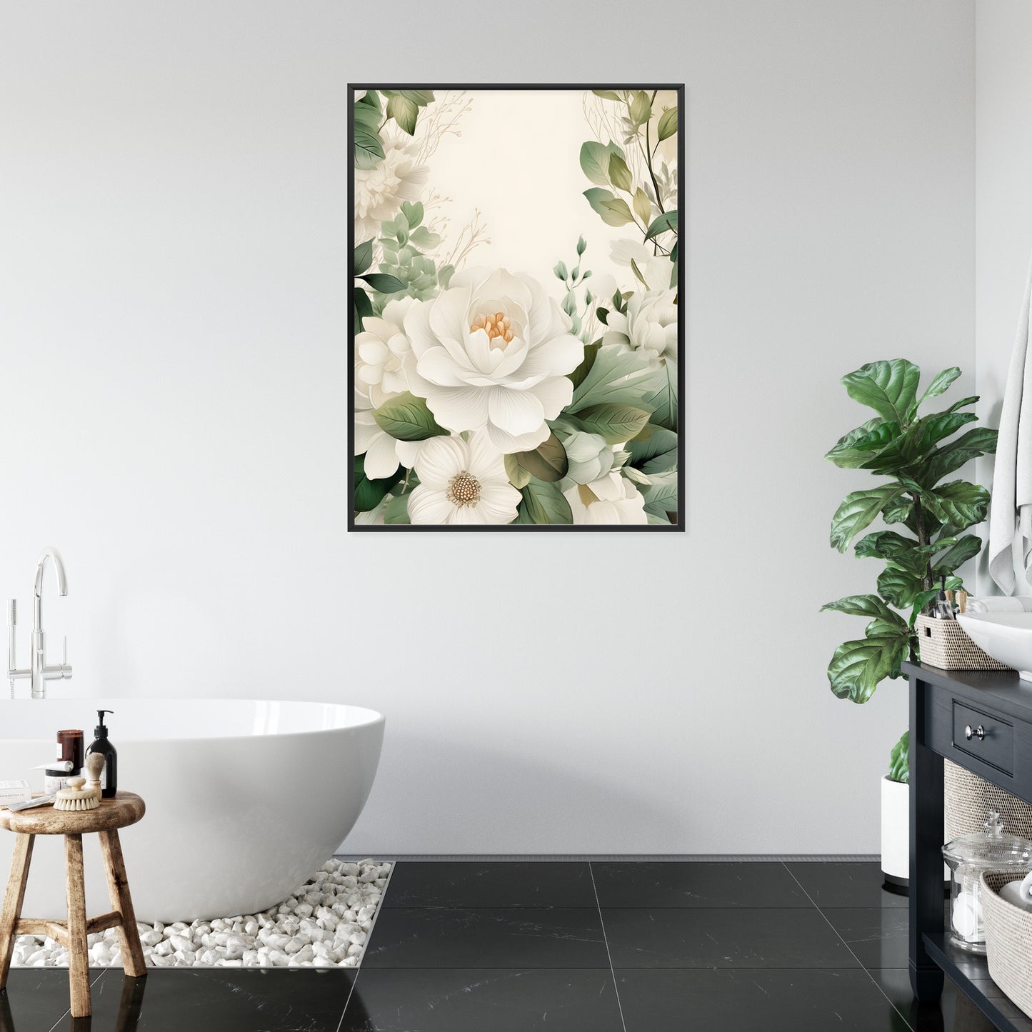Poster Weiße Blüten Mit Grünen Blättern Rahmen Hölzern Farbe Weiß