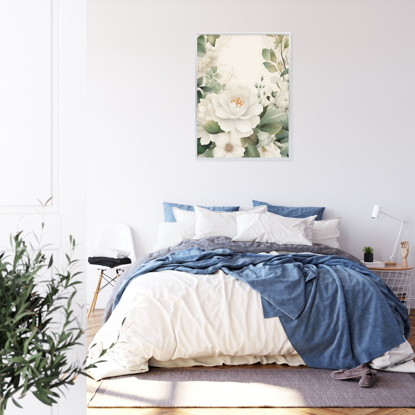Poster Weiße Blüten Mit Grünen Blättern Rahmen Hölzern Farbe Weiß