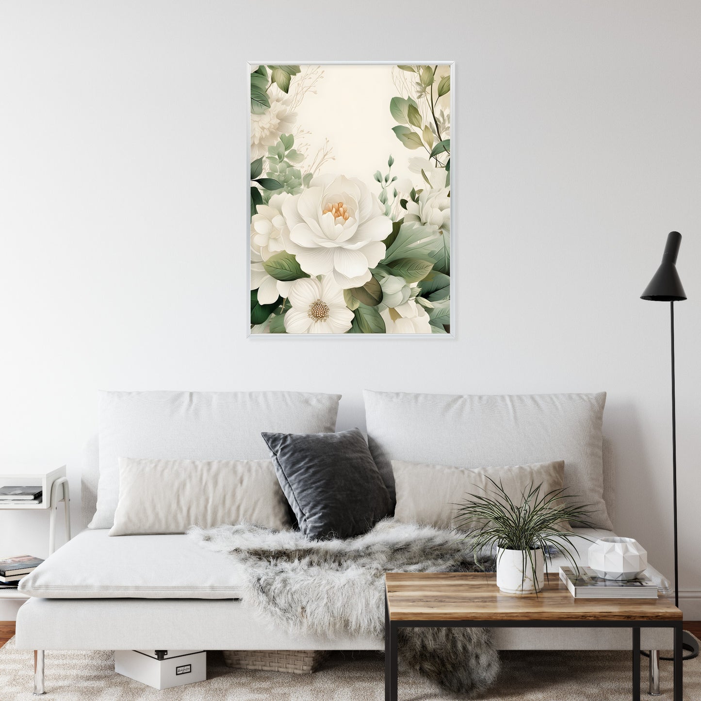Poster Weiße Blüten Mit Grünen Blättern Rahmen Hölzern Farbe Weiß