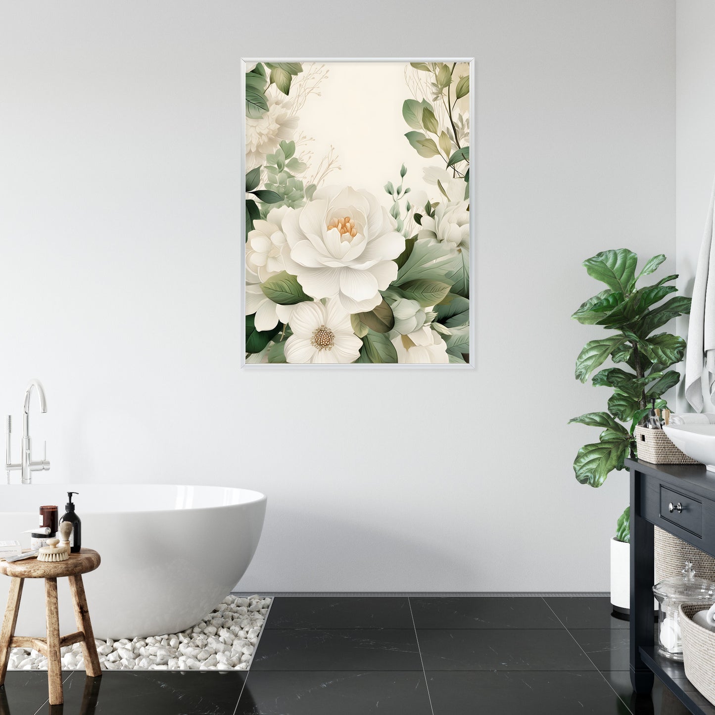 Poster Weiße Blüten Mit Grünen Blättern Rahmen Hölzern Farbe Weiß
