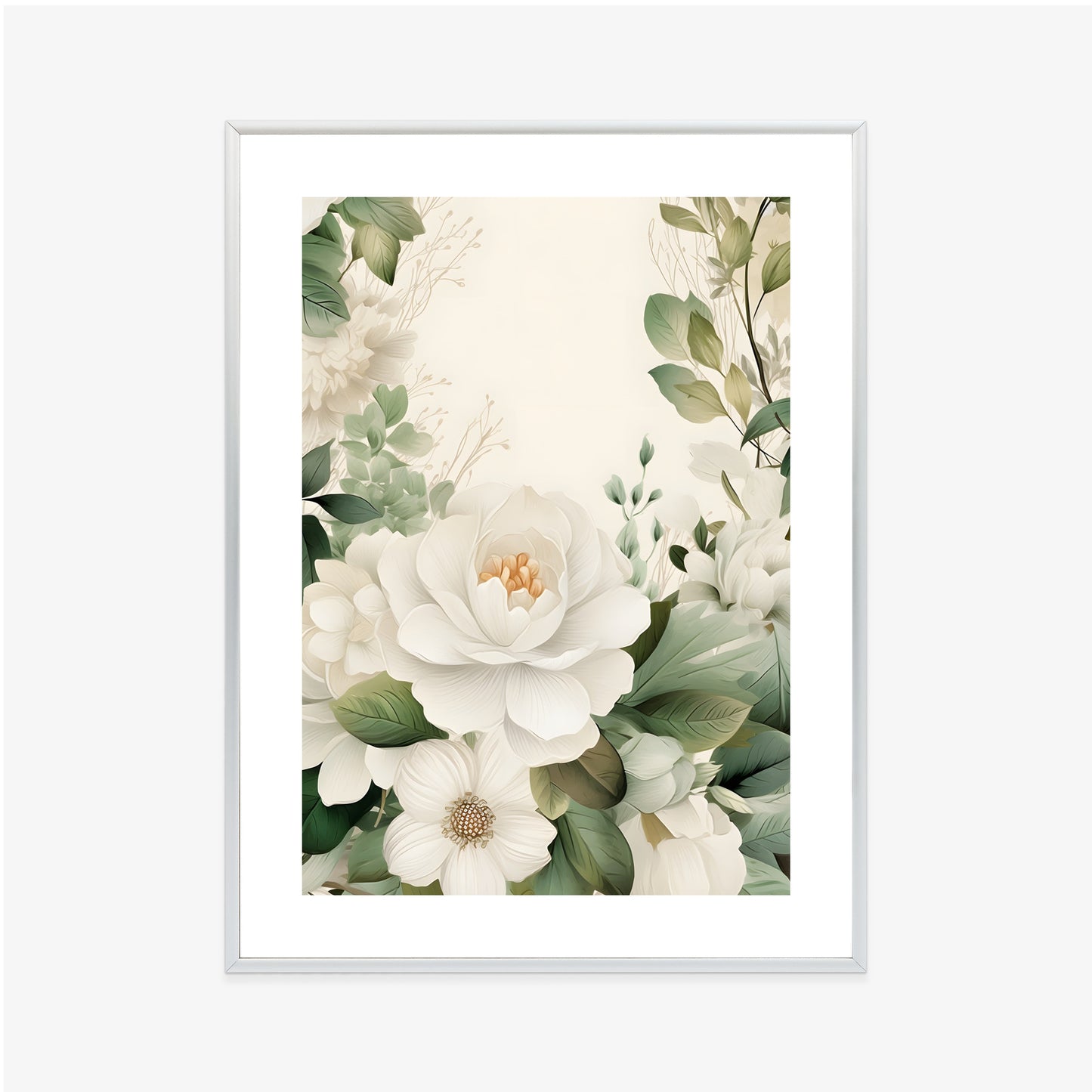 Poster Weiße Blüten Mit Grünen Blättern Rahmen Hölzern Farbe Weiß