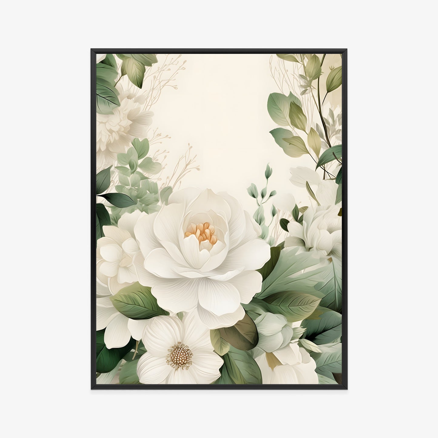 Poster Weiße Blüten Mit Grünen Blättern Rahmen Hölzern Farbe Weiß