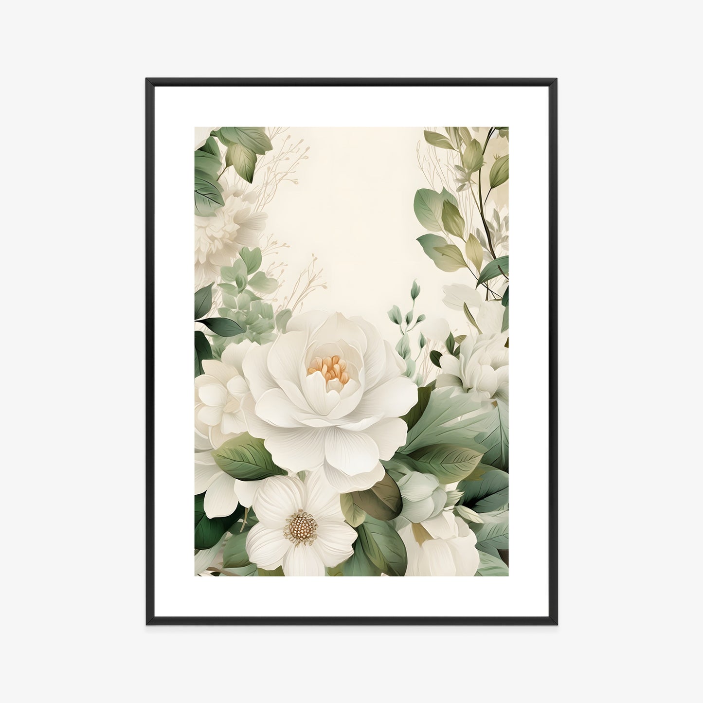 Poster Weiße Blüten Mit Grünen Blättern Rahmen Hölzern Farbe Weiß