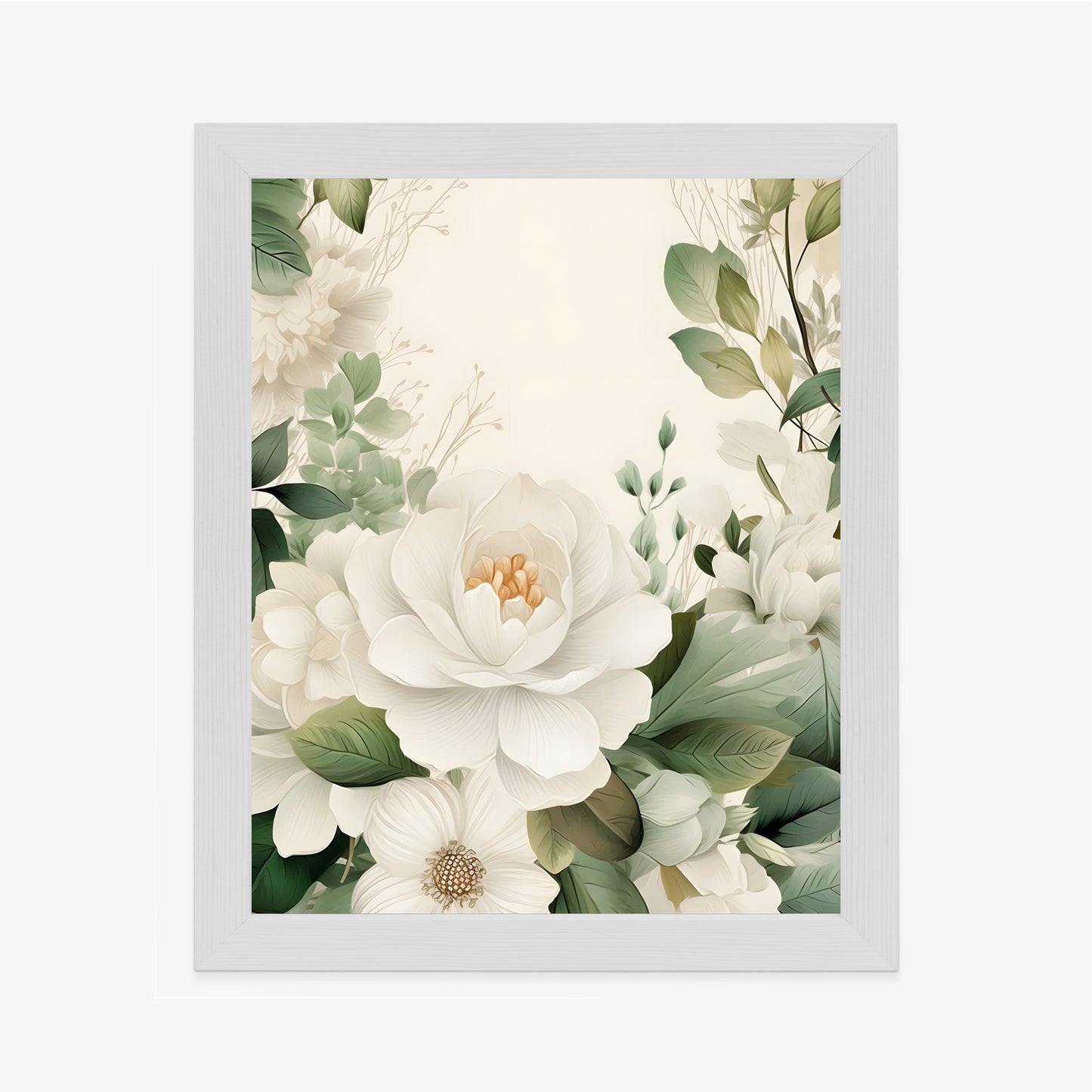 Poster Weiße Blüten Mit Grünen Blättern Rahmen Hölzern Farbe Weiß