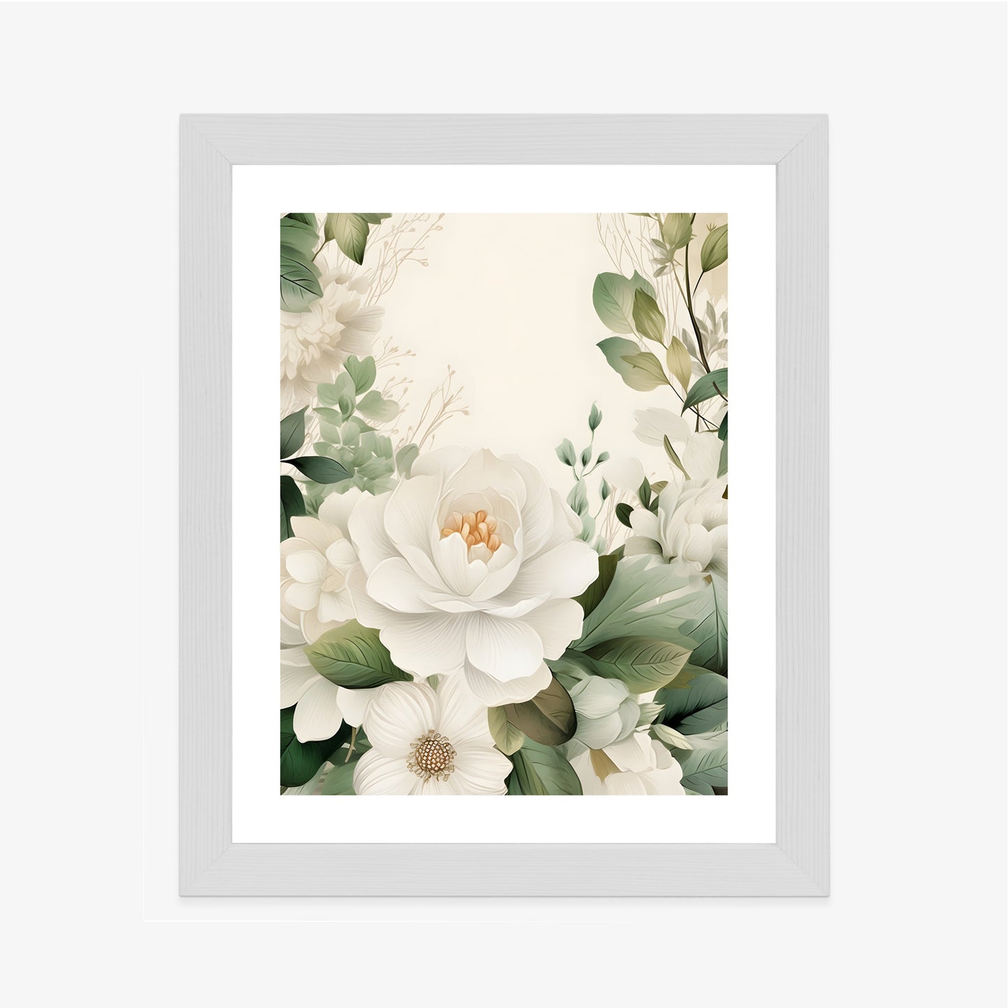 Poster Weiße Blüten Mit Grünen Blättern Rahmen Hölzern Farbe Weiß