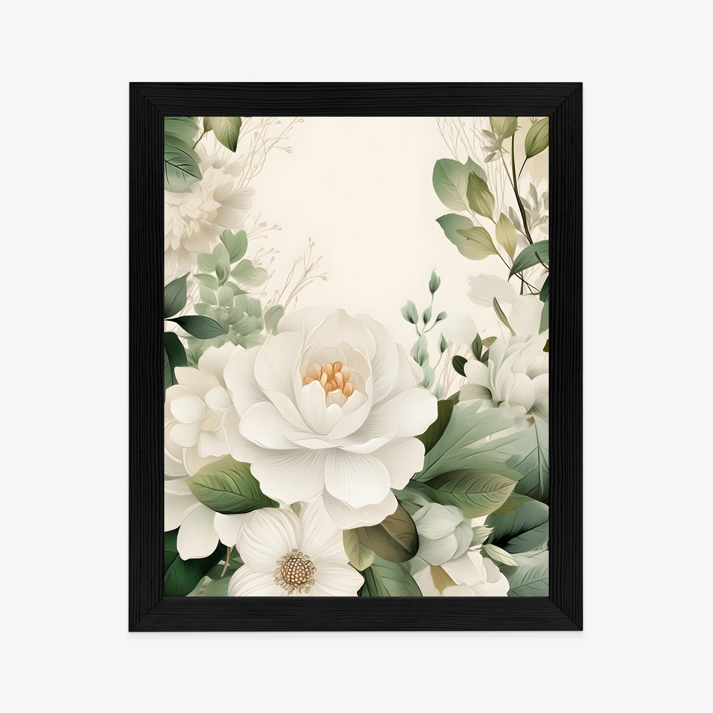 Poster Weiße Blüten Mit Grünen Blättern Rahmen Hölzern Farbe Weiß