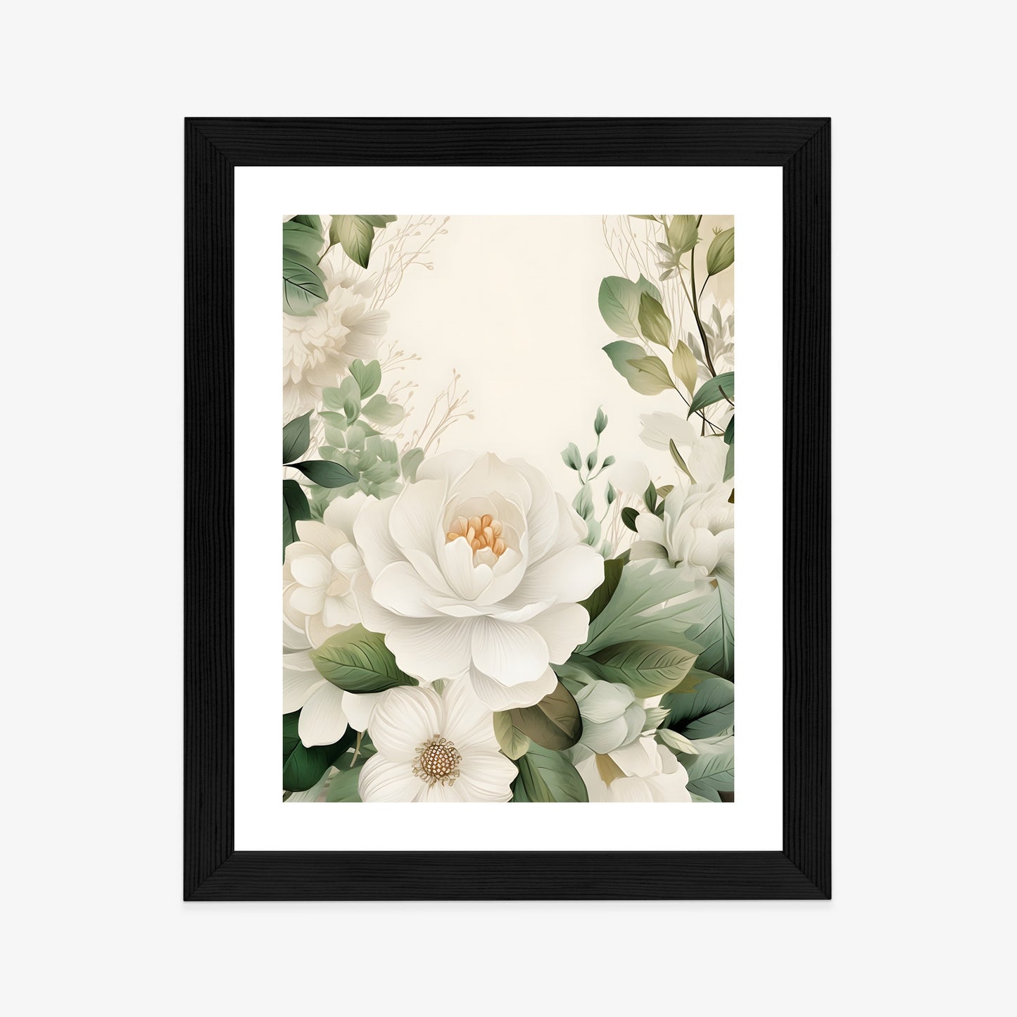 Poster Weiße Blüten Mit Grünen Blättern Rahmen Hölzern Farbe Weiß