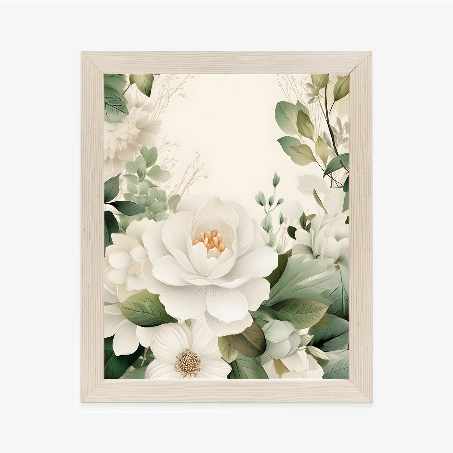 Poster Weiße Blüten Mit Grünen Blättern Rahmen Hölzern Farbe Weiß