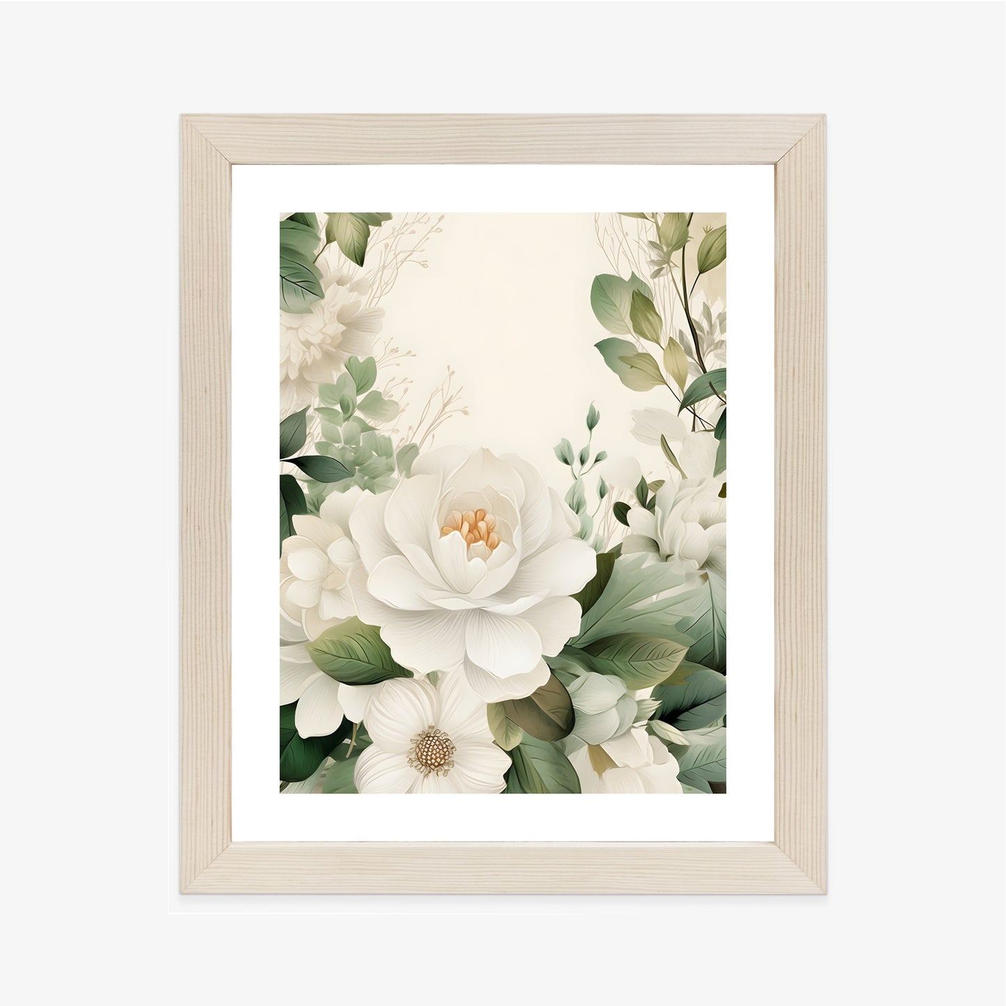 Poster Weiße Blüten Mit Grünen Blättern Rahmen Hölzern Farbe Weiß