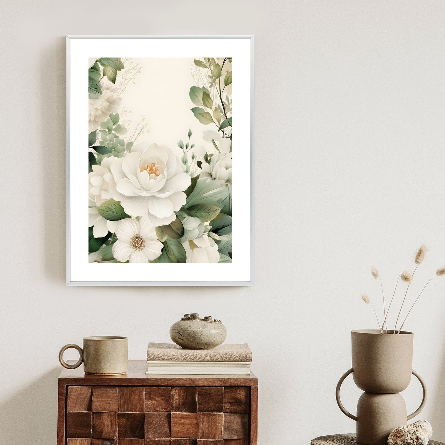 Poster Weiße Blüten Mit Grünen Blättern Rahmen Hölzern Farbe Weiß