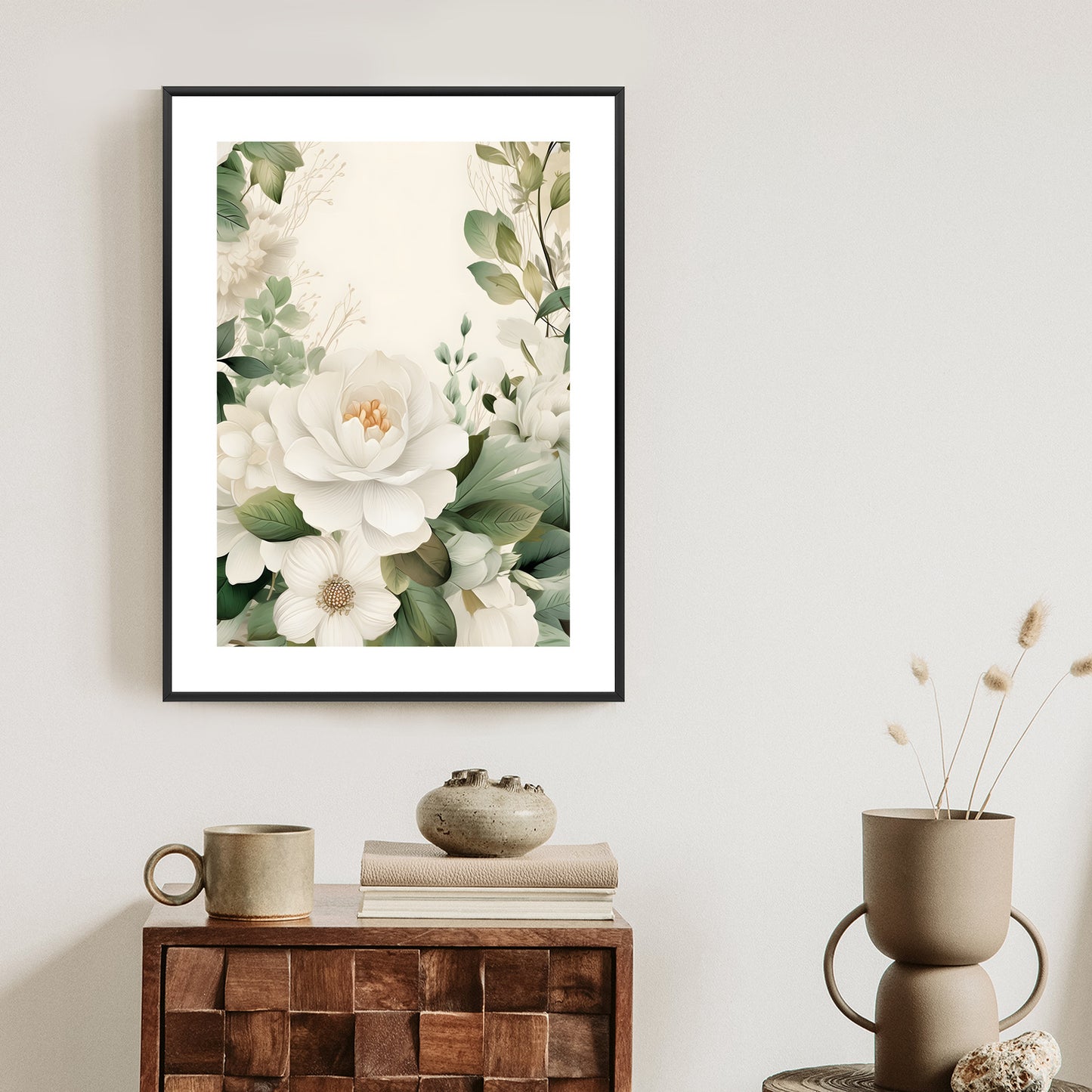 Poster Weiße Blüten Mit Grünen Blättern Rahmen Hölzern Farbe Weiß