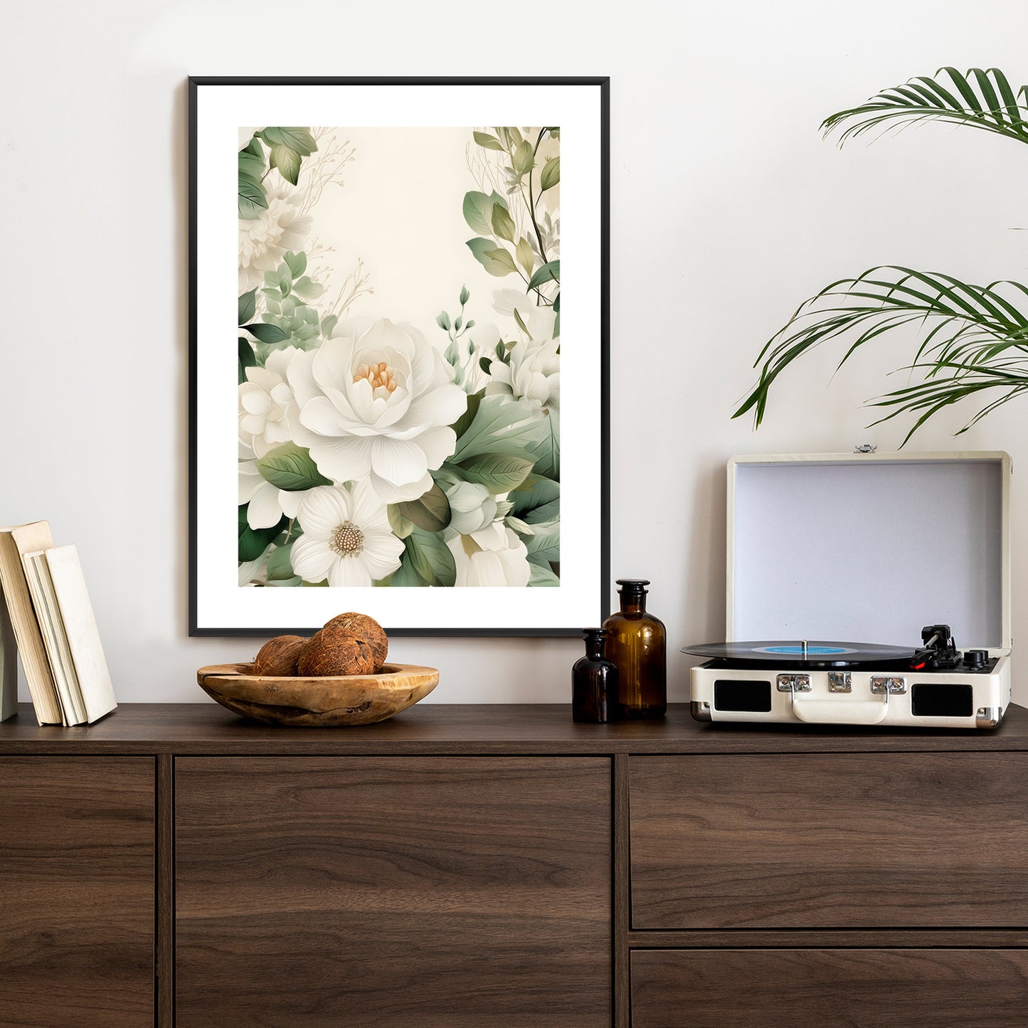 Poster Weiße Blüten Mit Grünen Blättern Rahmen Hölzern Farbe Weiß