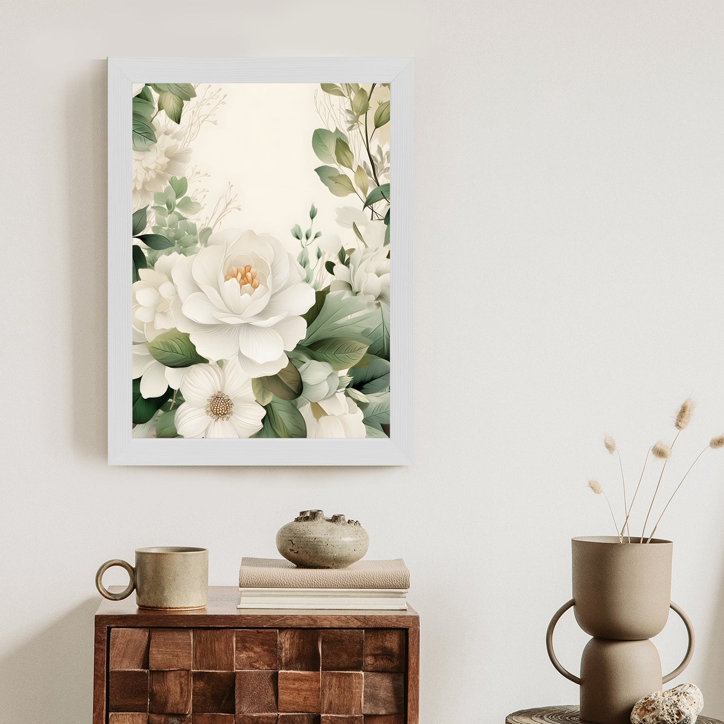 Poster Weiße Blüten Mit Grünen Blättern Rahmen Hölzern Farbe Weiß