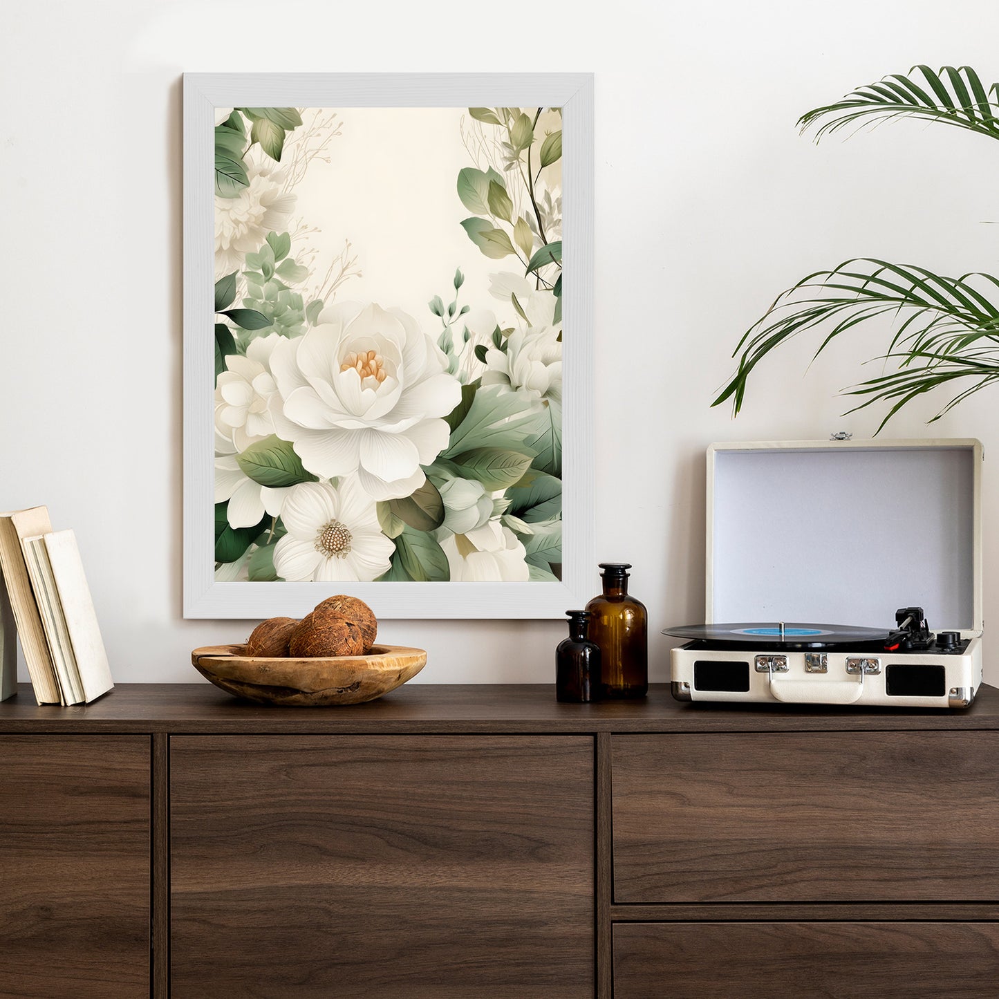 Poster Weiße Blüten Mit Grünen Blättern Rahmen Hölzern Farbe Weiß