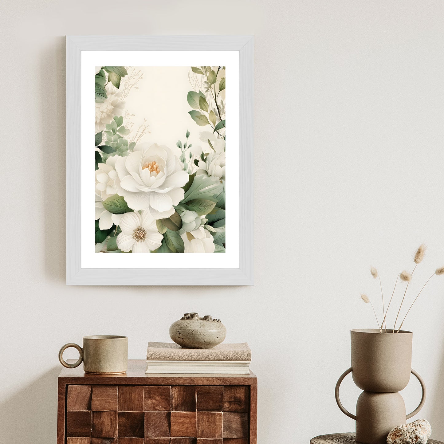 Poster Weiße Blüten Mit Grünen Blättern Rahmen Hölzern Farbe Weiß