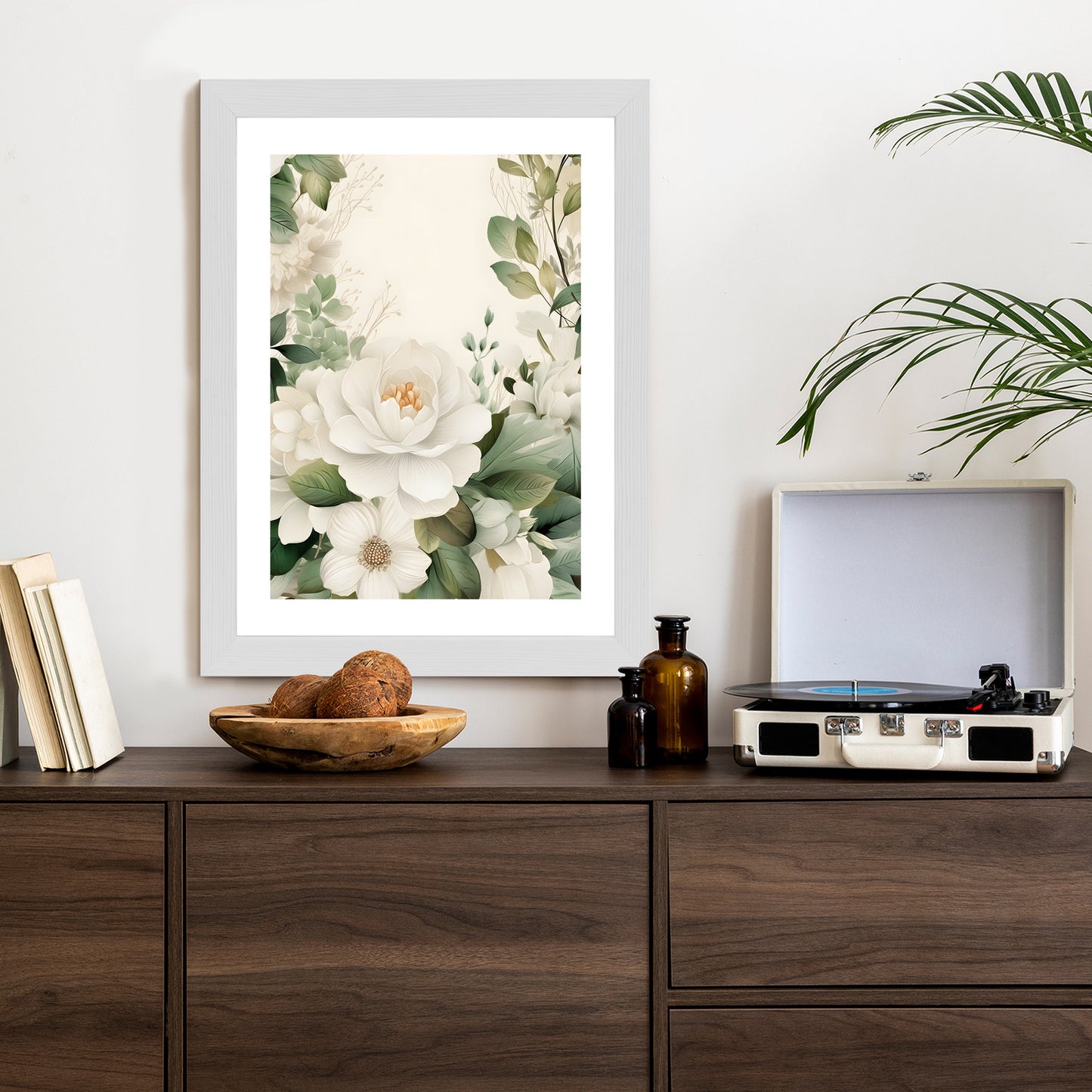 Poster Weiße Blüten Mit Grünen Blättern Rahmen Hölzern Farbe Weiß