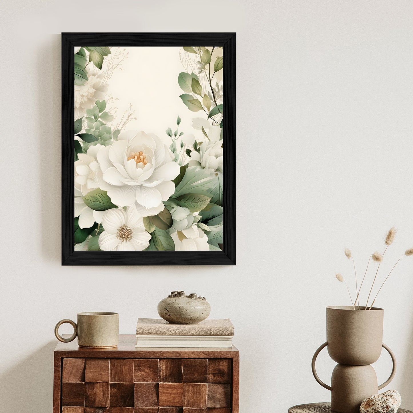 Poster Weiße Blüten Mit Grünen Blättern Rahmen Hölzern Farbe Weiß