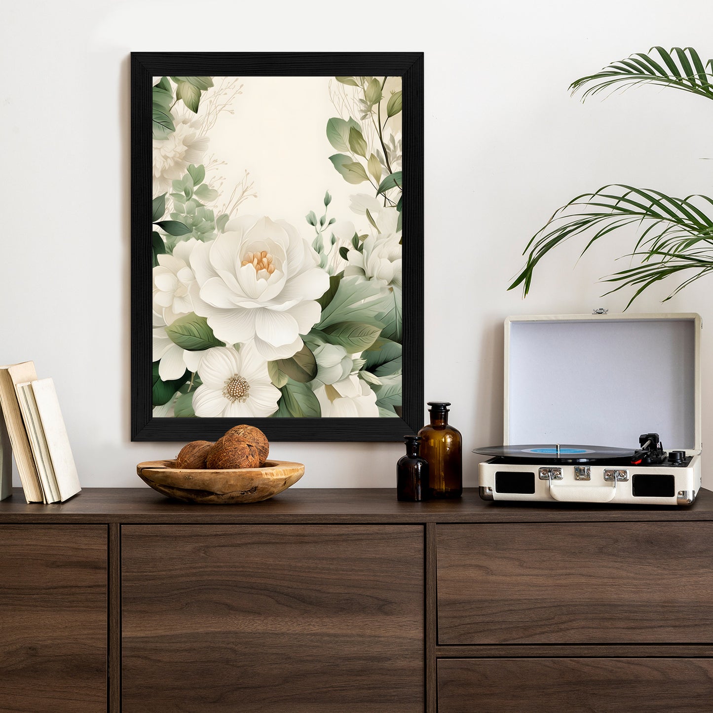 Poster Weiße Blüten Mit Grünen Blättern Rahmen Hölzern Farbe Weiß